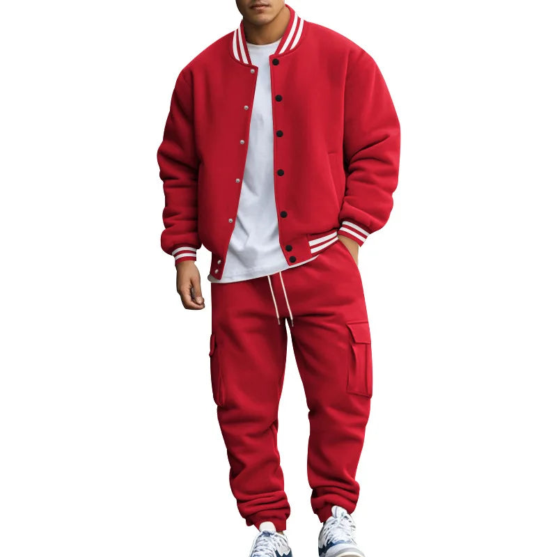 Autumn and winter American stand-up collar baseball jersey trousers fleece casual jacket men's loose sports suit