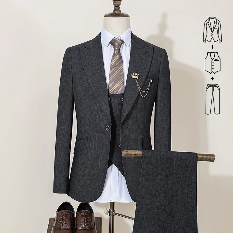 ST Cassy High-End Brand Formal Business Men's Suits Single Breasted Solid Color Slim Fit Suit Wedding Three-Piece
