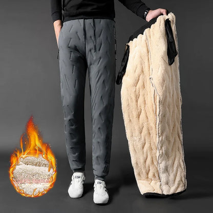 Winter Zip Pockets Thicken Fleece Sweatpants Men Jogger Black Down Sport Warm Pants Male Water Proof Thermal Trousers