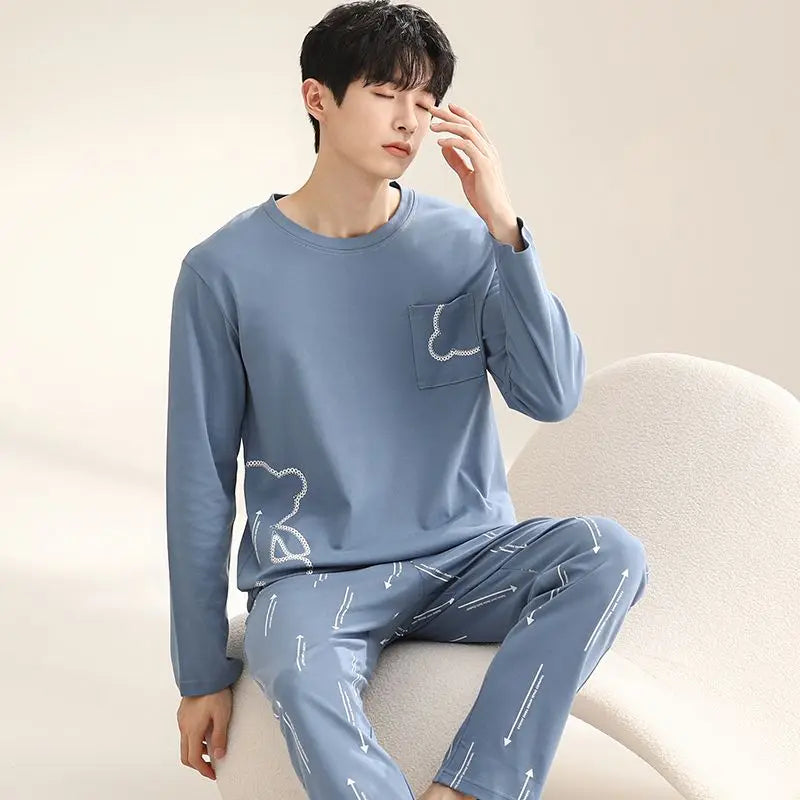 2024 Autumn Long Sleeve 100% Cotton Pajamas Sets for Men Korean Loose High Quality Sleepwear Pyjamas Male Homewear Home Clothes