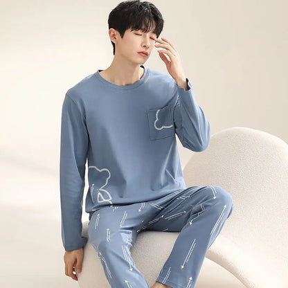 2024 Autumn Long Sleeve 100% Cotton Pajamas Sets for Men Korean Loose High Quality Sleepwear Pyjamas Male Homewear Home Clothes
