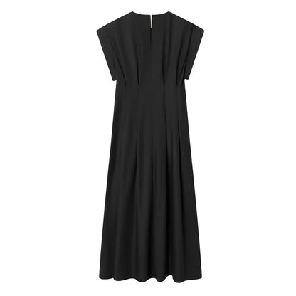Women's Dress 2026 New Spring Summer Black Pleated Poplin Midi Dress for Women Fashion Stylish Female Dress