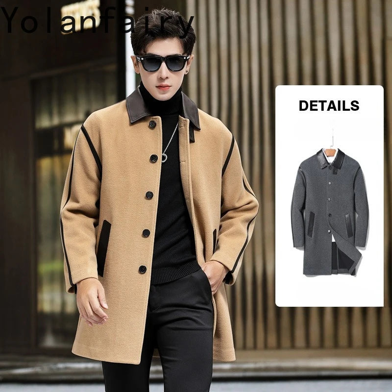 YOLANFAIRY Luxury Woolen Overcoat for Man Autumn Winter Mid-length Lapel Pure Wool Spliced Sheepskin Trench Coat Trend Jacket