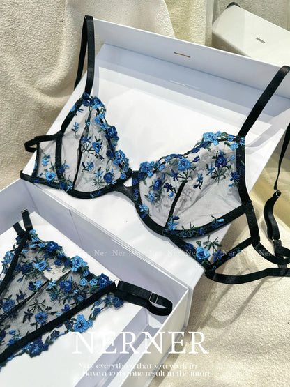 Sweet Sexy Lace Lingerie Set, Floral Embroidery Sheer Mesh, Thin Cooling, Big Bust Relief, Japanese Daily Women Underwear 32-38
