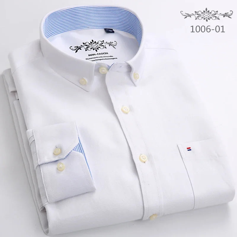 Classic Fit Cotton Full Casual Shirts for Men Solid Color Long-Sleeve Plain Shirt Single Pocket Top Soft Slim Fit Formal Clothes