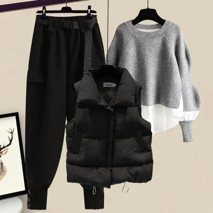 plus Size Autumn Professional Knitted Three Piece Set Slimming Cotton Vest Sweater Workwear Pants for Women Casual Style