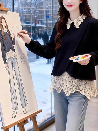 plus Size Lace Splice Loose Fit Sweatshirt Women's Fake Two-Piece Style Autumn Winter New Arrival Korean Commute Fashion