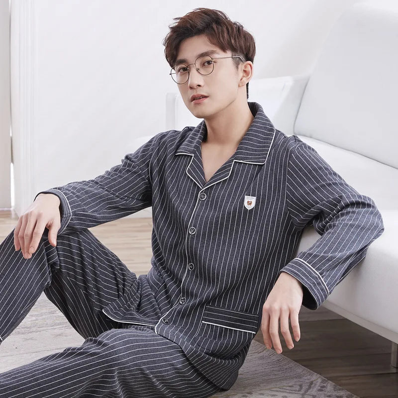 Plaid Print Men's Home Set Long-Sleeve Lapel Top With Pockets And Long Pant Breathable Soft Fit Autumn Sleepwear Loungewear Pjs