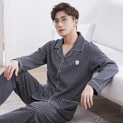 Plaid Print Men's Home Set Long-Sleeve Lapel Top With Pockets And Long Pant Breathable Soft Fit Autumn Sleepwear Loungewear Pjs