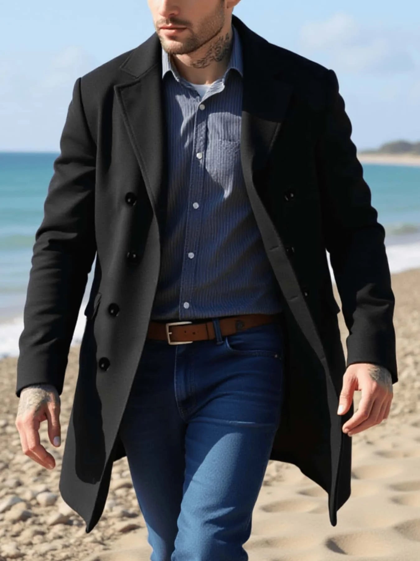 Man's Winter Jacket Foiled Coat Overcoat Padded Liner Double Buckle Accent Solid Tone Outdoor GradeEuro Fit