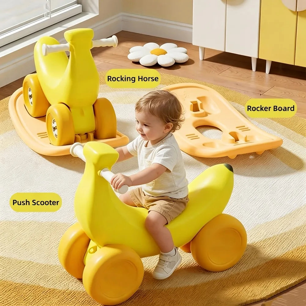 2 in 1 Banana Rocking Horse for Toddlers Baby Rocking Toy Birthday Gift for Boys Girls Ride on Toy with Detachable Balance Board