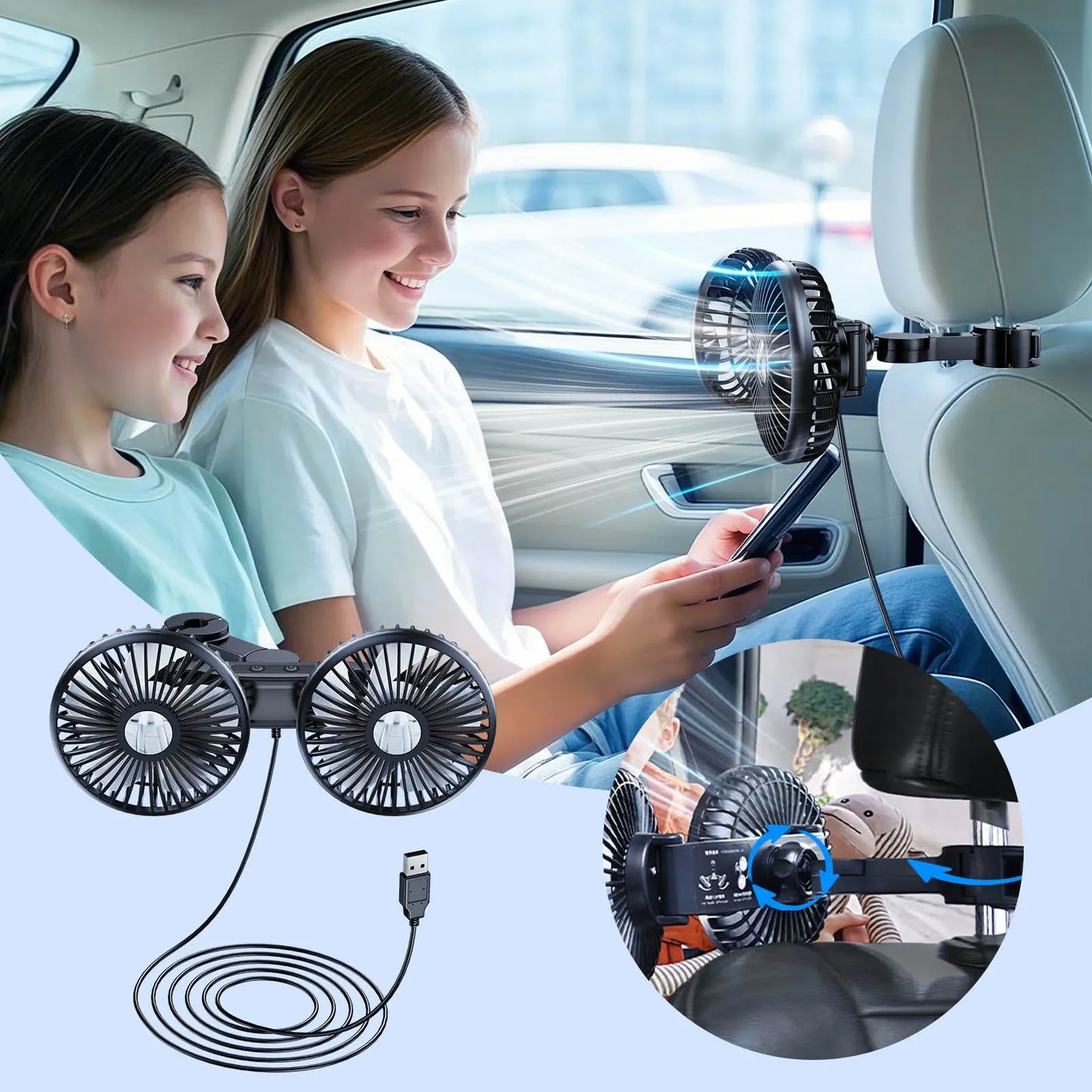 Hipacool Extension Arm Dual-Head Fan for Car Headrest 360° Rotation Air Cooling Fan Angle Adjustable 3-Speed Wind Brushless Fan