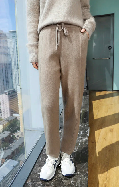 100% mink wool knitted high-waisted pencil pants women's casual autumn and winter new warm solid color thick cashmere pants