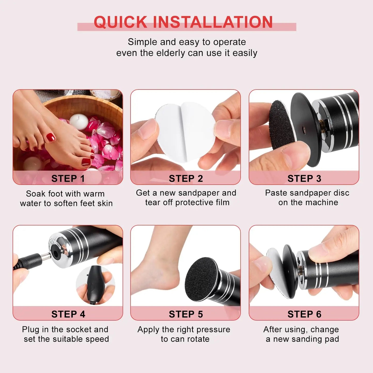 Electric foot grinder Electric callus remover Speed controller foot file pedicure tool with 60 replacement sandpaper discs for