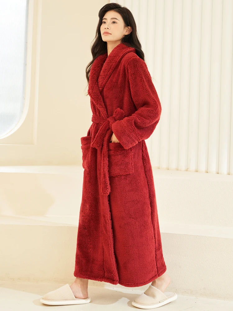 Thickened Long Coral Fleece Robe for Women Autumn Winter Plush Flannel Sleepwear Ankle-Length Men's Bathrobe Home Clothes