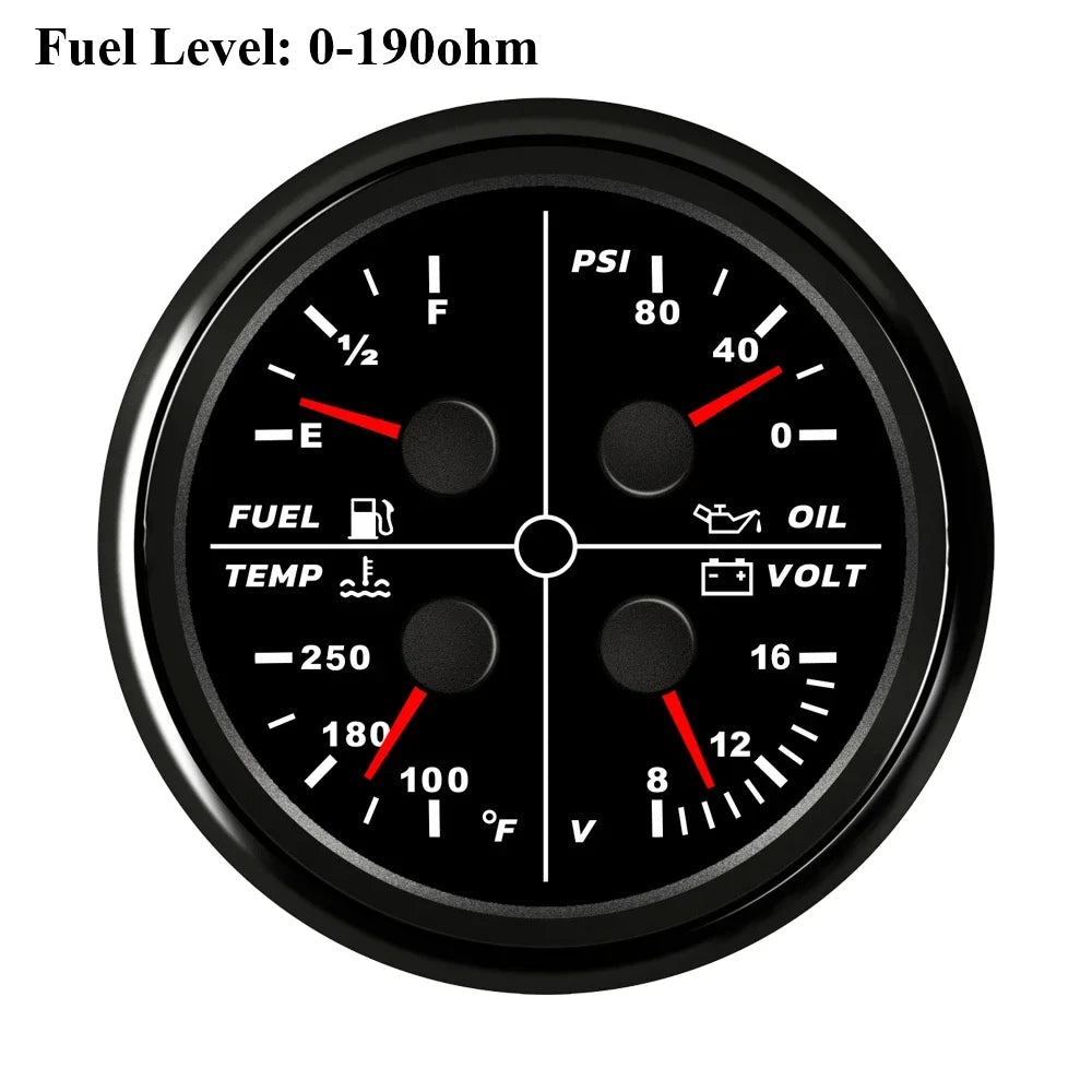 ELING Waterproof Auto Marine 85mm 4 in 1 Gauge Oil Pressure Water Temp Fuel Level Voltmeter for Motorcycle 8-16V
