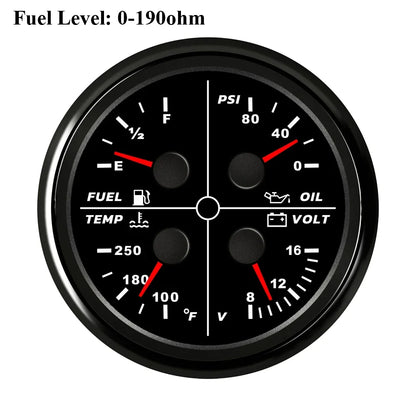 ELING Waterproof Auto Marine 85mm 4 in 1 Gauge Oil Pressure Water Temp Fuel Level Voltmeter for Motorcycle 8-16V