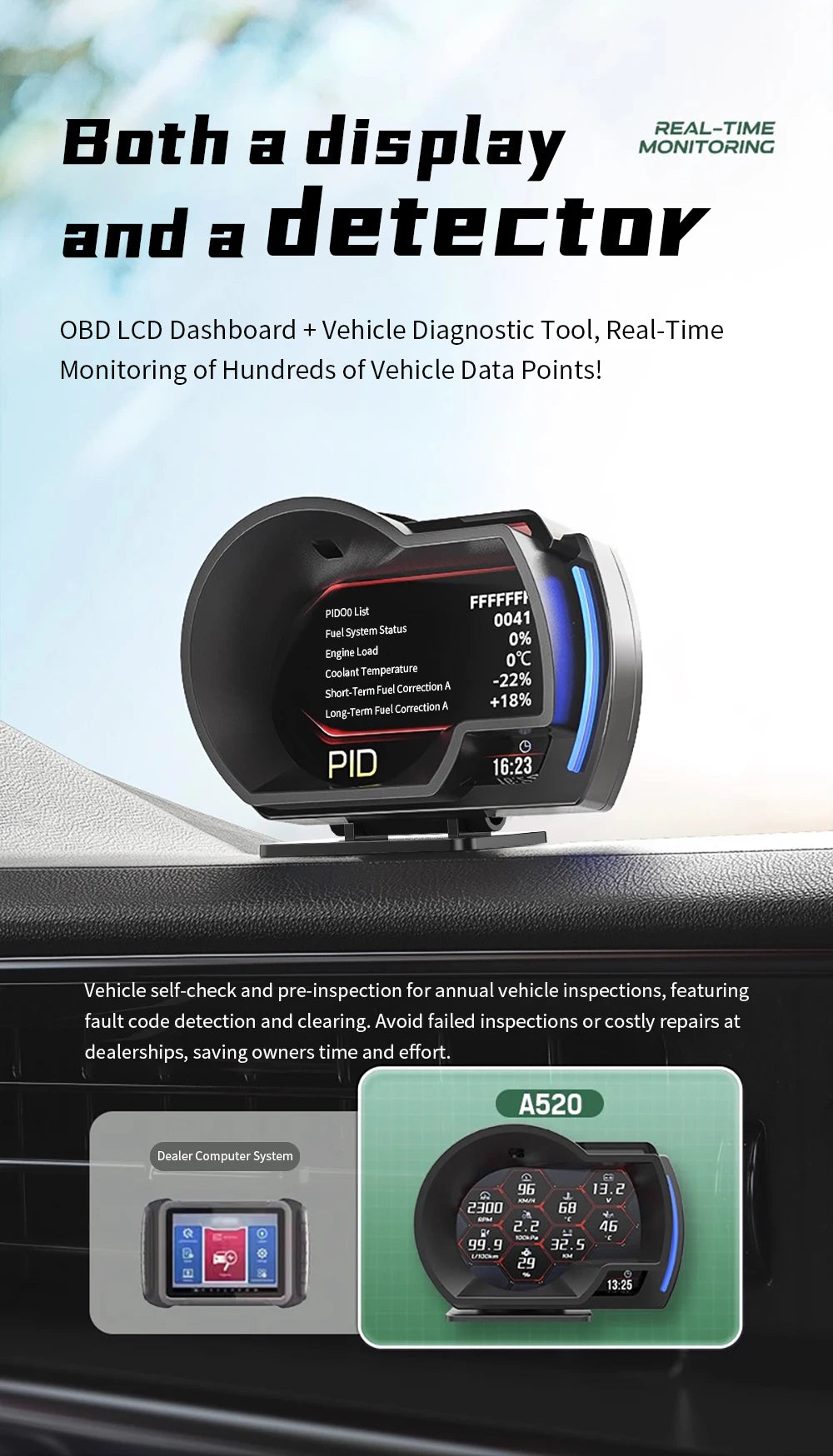 Head up Display OBD + GPS Car Water Temperature Turbo Oil Temperature Multi-function Meter LCD Display Automotive Speed Alarm