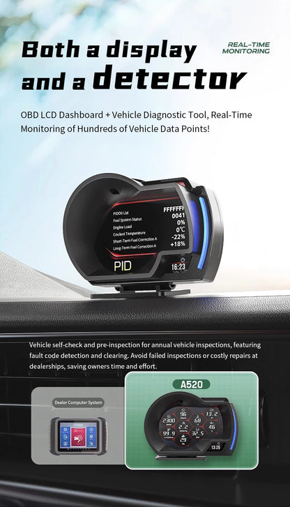 Head up Display OBD + GPS Car Water Temperature Turbo Oil Temperature Multi-function Meter LCD Display Automotive Speed Alarm