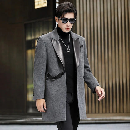 YOLANFAIRY Brand High Quality Sheepskin Spliced Wool Coat Man Jacket Autumn Winter Men's Mid-length Suit Collar Trench Coats