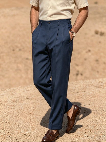 2026 SS Men Solid Woven Naples Pleated Suit Pants, Loose Straight Leg Formal Trousers, Business Commuter Casual Dress Trousers
