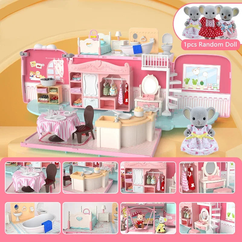 Dollhouse Koala Tour Bus Diary Girl Play House Toy Diy Bedroom Dresser Dining Kitchen Bathroom Shop Pretend Family Toys Girls