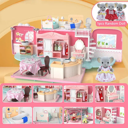 Dollhouse Koala Tour Bus Diary Girl Play House Toy Diy Bedroom Dresser Dining Kitchen Bathroom Shop Pretend Family Toys Girls
