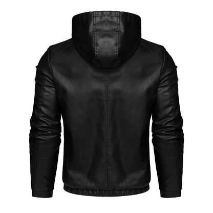 Men's Casual Black Hooded PU Leather Biker Jacket