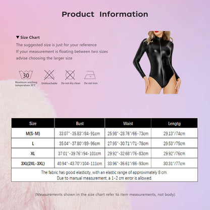 Womens Sexy Leather Bodysuits Tops Mock Neck Long Sleeve Leotard Front Double-end Zip Crotch One-piece Catsuit Jumpsuit Clubwear
