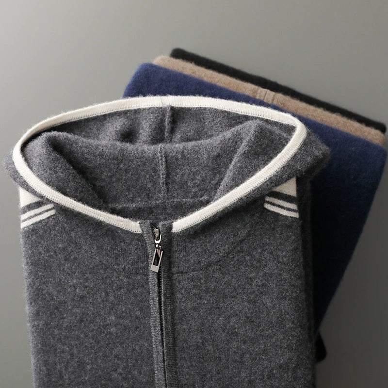 100% wool men's matching set hooded collar zipper cardigan jacket casual knitt pants pocket loose 2-piece set sports suit stripe