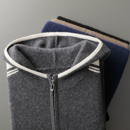 100% wool men's matching set hooded collar zipper cardigan jacket casual knitt pants pocket loose 2-piece set sports suit stripe