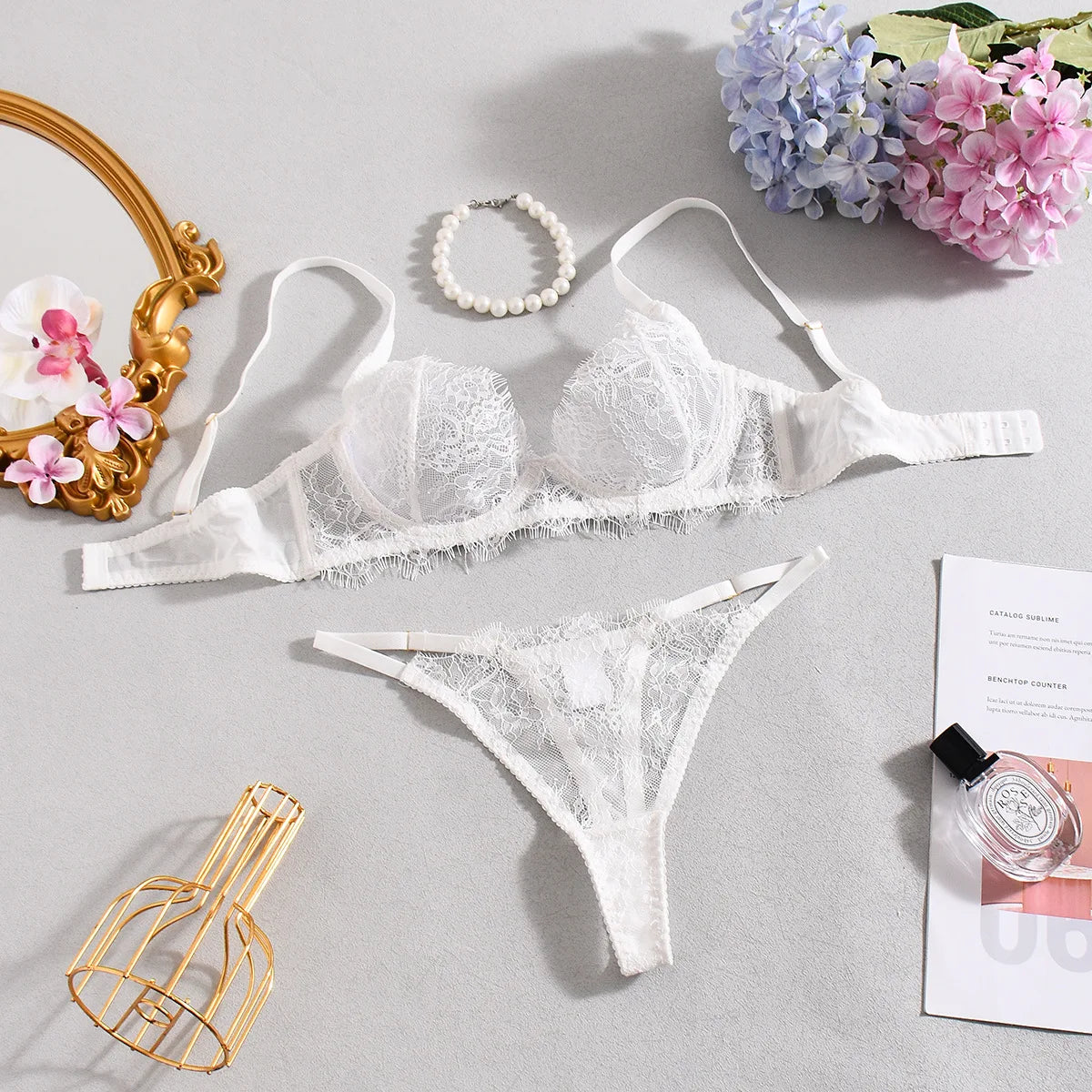 Ellolace Solid Lingeries Sexy Hot Elegant Bra Belt Thong 3PC with Leg Circles Cute Intimate Seductive Lace Tempted Underwear
