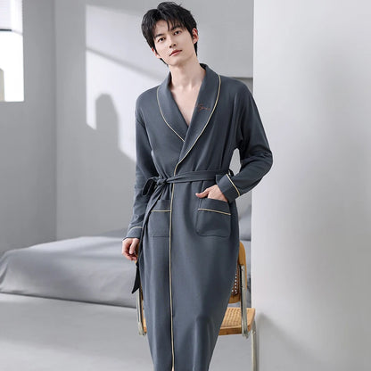 Spring Autumn Bathrobe Men 100% Cotton sleep top Kimono Robes For Male Solid Robes Long Bath Robe Bridegroom Robe Dressing Gown