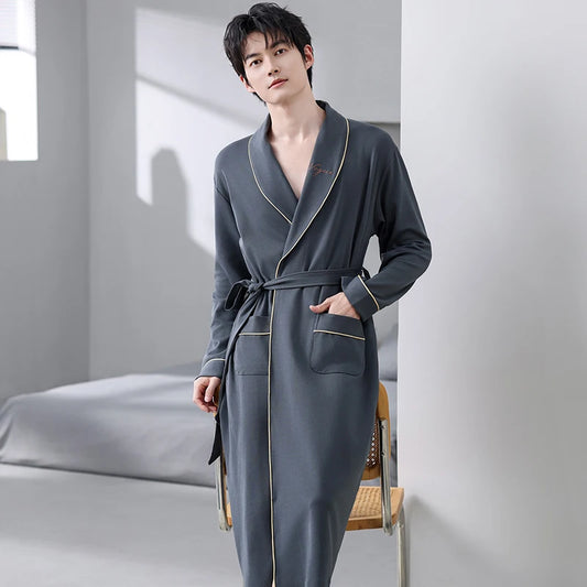 Spring Autumn Bathrobe Men 100% Cotton sleep top Kimono Robes For Male Solid Robes Long Bath Robe Bridegroom Robe Dressing Gown