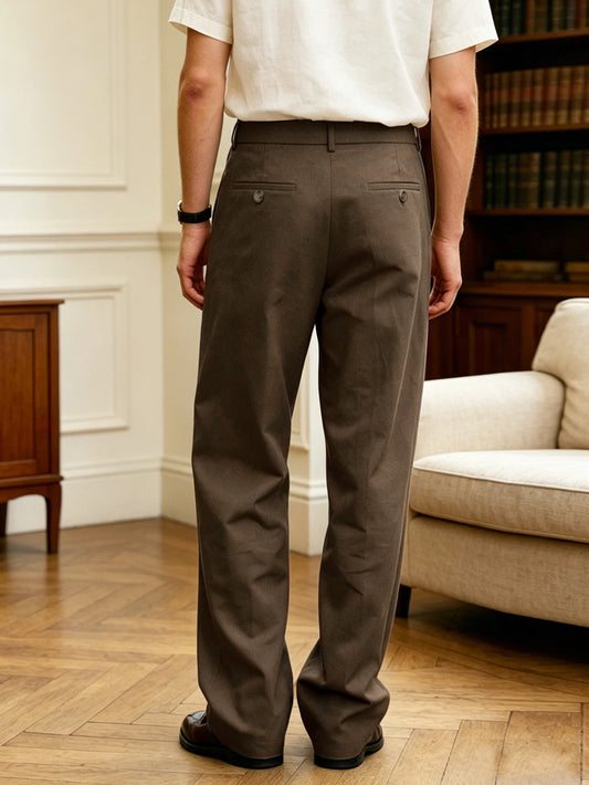 New Italian Naples Style Pleated High Waist Dress Pants, Solid Color Button Business Casual Trousers for Men
