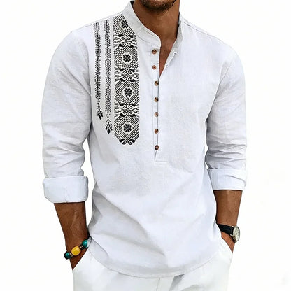 Spring and summer long-sleeved loose ethnic style linen printing breathable stand-up collar breasted long-sleeved shirt men