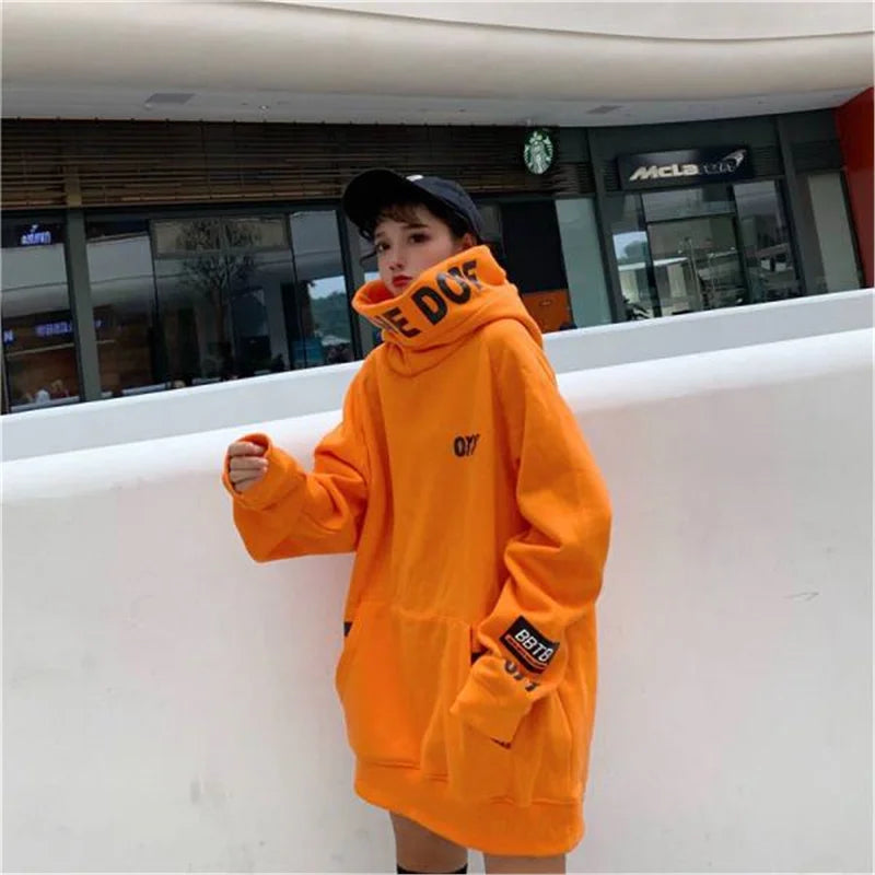Autumn Winter New High Neck Loose Fit Long Sleeve Hoodie Women's Trendy Orange CEC Long Hooded Sweatshirt Comfortable Cotton
