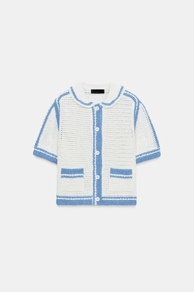 New Summer Women's Loose Fit  Knitwear Short Sleeve High Collar Chest Pocket Design Hollow out Casual Fashion Top