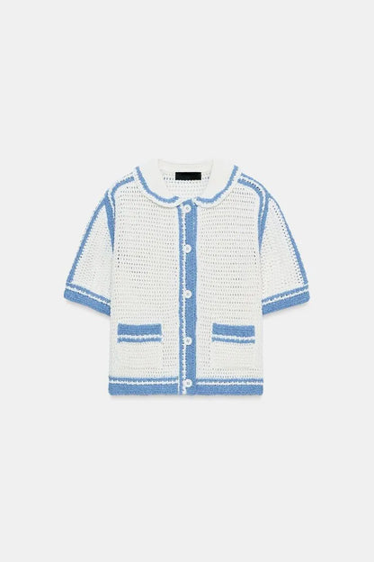 New Summer Women's Loose Fit  Knitwear Short Sleeve High Collar Chest Pocket Design Hollow out Casual Fashion Top