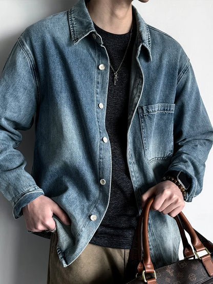 American Vintage Washed Distressed Denim Shirt Mens Plus Size Long Sleeve Spring Fall Casual Premium Trendy Classic Blue Tops