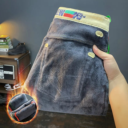 Fleece-Lined Thick Jeans Men's Winter 2023 New Casual Small Straight Pants Slim-Fit Fleece All-Matching Trousers