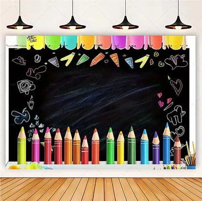 Welcome Back To The School Blackboard, Pencil Banner Backdrop, Holiday Education Theme Decoration, Photography Background Cloth