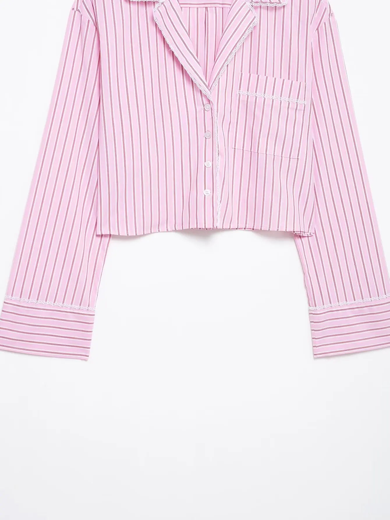 HH Women Striped Pants Suit Lapel Pocket Single-breasted Blouse+Side Zipper Lace Short Top+High Waist With Belt Poplin Pant