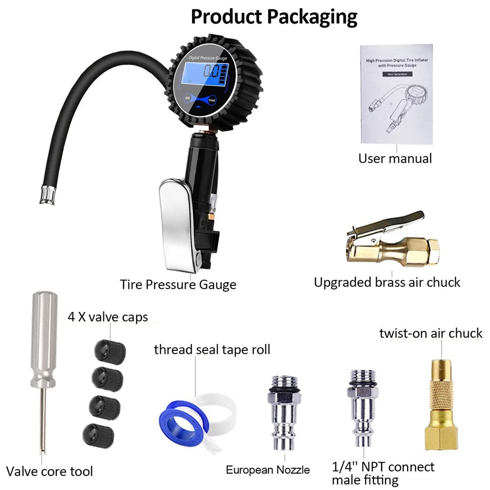 250PSI Digital Tire Pressure Inflator Gauge Aluminum Alloy Tire Pressure Gauge Air Line Clip-on Tyre for Motorcycle Bicycle Auto