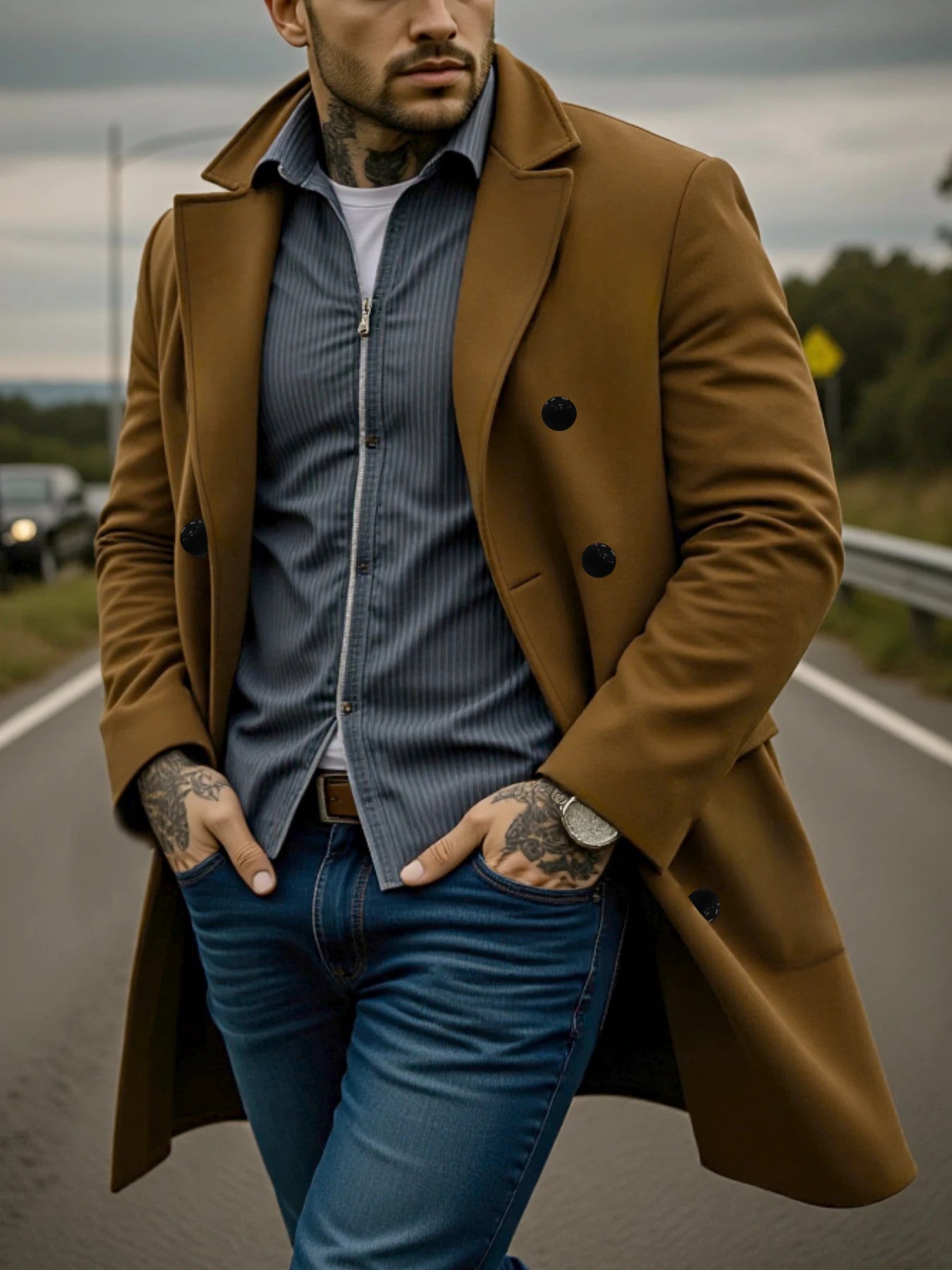 Men's Double-Breasted Solid Woolen Coat Thickened Warm Winter Wool&blends Trench Streetwear Outdoor Ideal Choice Male Jacket
