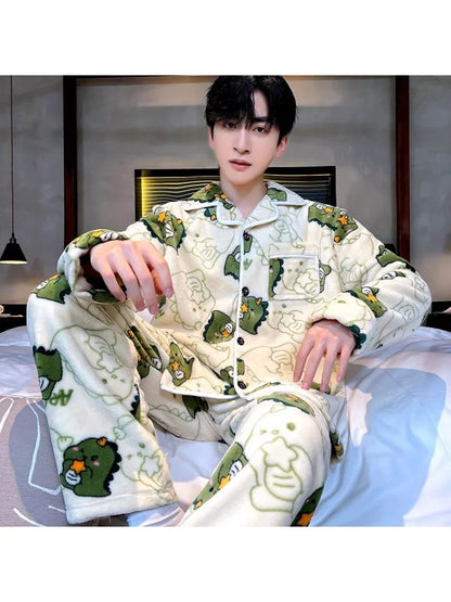 Winter Thickened Coral Fleece Sleepwear Men's Set Fleece Lined Long Sleeve Flannel Home Clothes Loose Fit New 2026 Style