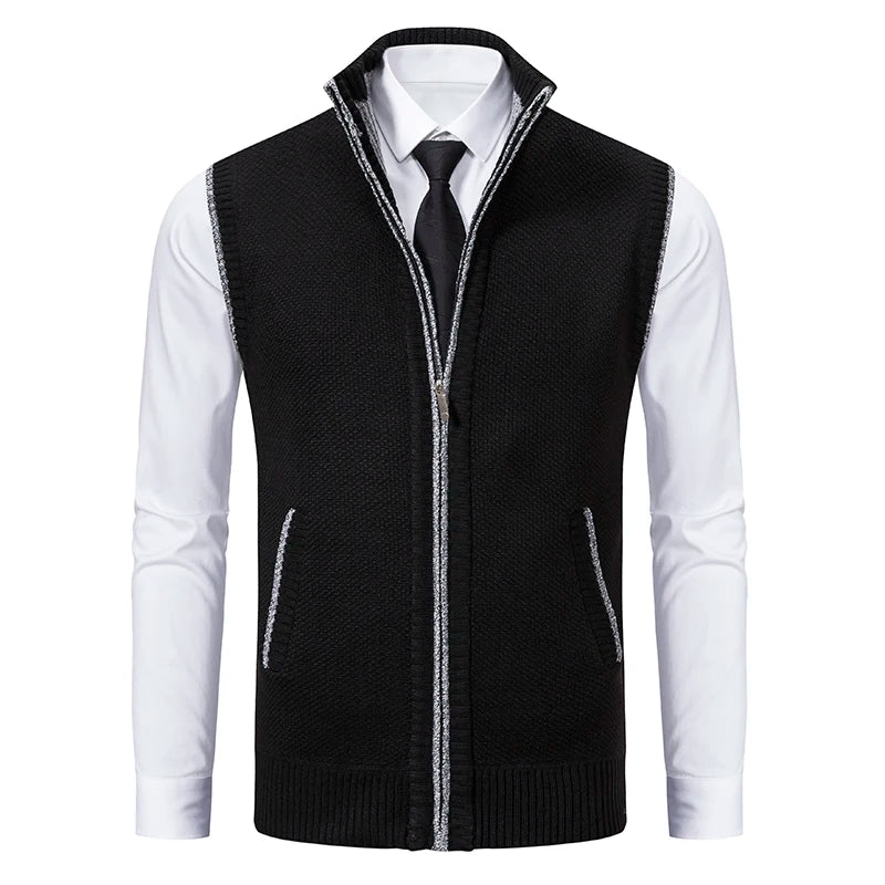 Men's Sleeveless Knit Cardigan, Stand Collar Lightweight Warm Fleece Thick Jacket Vest, Casual Business Outdoor Sports, Fall Win