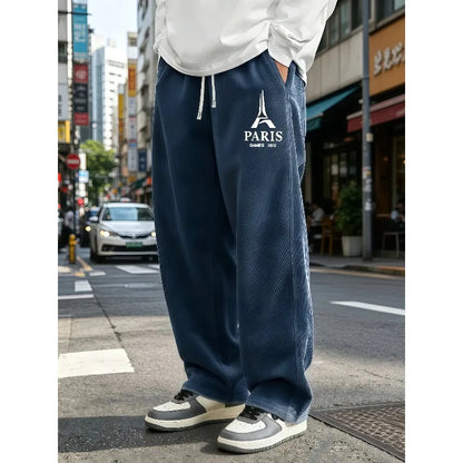 Mens Corduroy Wide Leg Trousers Elastic Drawstring Waist Eiffel Tower Letter Print Loose Straight Casual Street Pants S-4XL