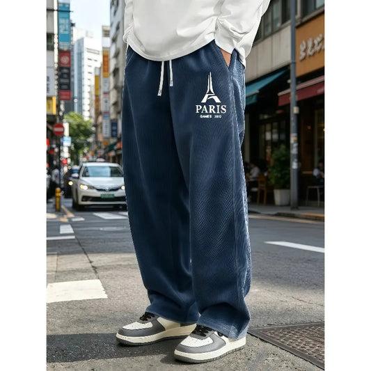 Mens Corduroy Wide Leg Trousers Elastic Drawstring Waist Eiffel Tower Letter Print Loose Straight Casual Street Pants S-4XL