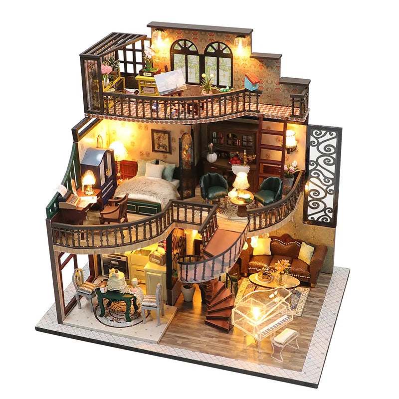 Doll house With dust cover casa Miniature Diy Wood Dollhouse Miniatures children toys girl Birthday Gifts diorama M2132